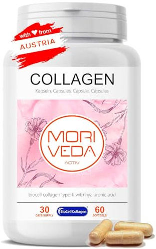 MoriVeda BioCell Collagen Kapseln, Kollagen Typ II mit Hyaluronsäure & Chondroitin, für Haut, Gelenke & Bindegewebe, ISO-zertifiziert, glutenfrei und laktosefrei, 60 Stück
