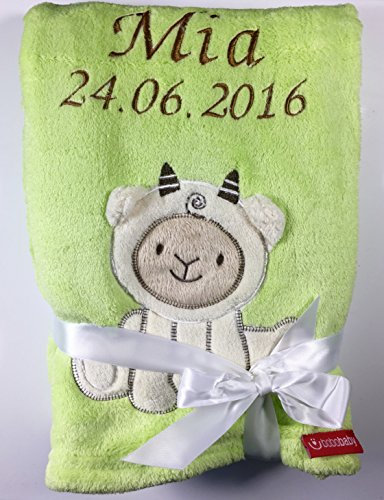 KIDDI-MEDIA Babydecke mit Name und Geburtsdatum Bestickt/kuschelig weich / 1A Qualität (Grün - Schaf)