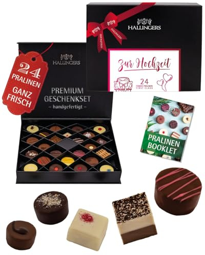 Hallingers Genuss Manufaktur Pralinen Liebes-Geschenk - ohne Alkohol, handmade aus Confiserie-Edelkakao in wertiger FirstClass-Geschenkbox Zur Hochzeit, Geschenkidee für Brautpaar