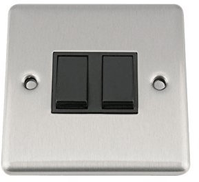 A5 Light Switch Double 2 Gang Satin Brushed Chrome Classic - Black Insert - Plastic Rocker Switches - 10A 1 Gang 2 Way