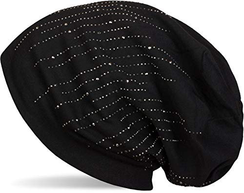 styleBREAKER Damen Beanie Mütze mit Strass Nieten im edlen Streifen Design, Slouch Longbeanie, Stoffmütze Einfarbig 04024086, Farbe:Schwarz