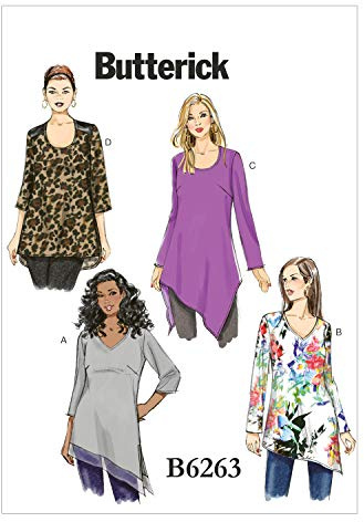 Butterick Patterns 6263, Damen Tunika, Größen, Georgette, Mehrfarbig, KK (26W-28W-30W-32W)