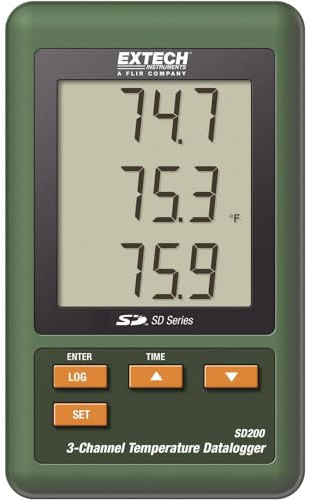 Extech SD200 3-Channel Temperature Datalogger, SD Card | 3 Type-K thermocouple channels, -58 to 2372F, SD card Excel recording, sampling 5-600s/Auto, backlit triple LCD