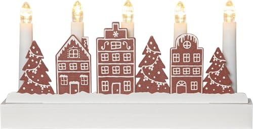 Star Trading Kerzenleuchter Yuletide, Kerzenhalter, LED, Lebkuchenmotive, Braun, Holz, 5-flammig, Timer, Batterie, Warmweiß, 28 cm
