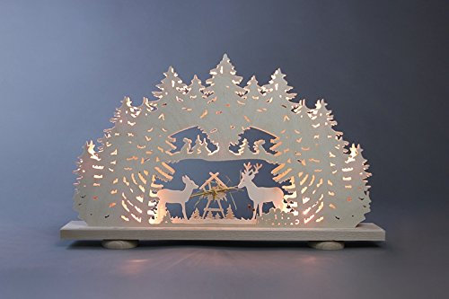 Schwibbogen Futterkrippe Länge ca 52cm NEU Motivleuchte Lichterbogen LED Bergkirche Kirche Landhaus rustikal Holz Erzgebirge Seiffen Beleuchtung Hirsch Heu Wald Forst Försterei