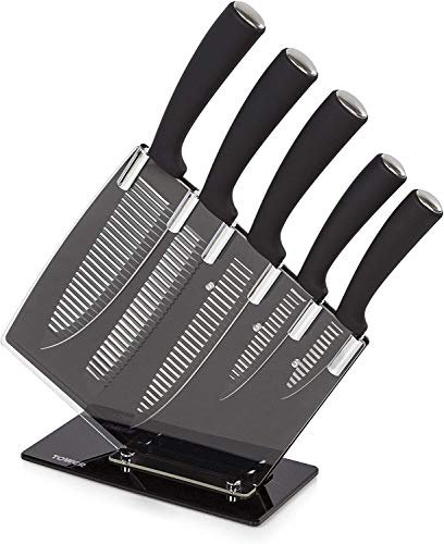 Tower T80706 Kitchen Set with Acrylic Knife Block, Black and White Groove Blades Handles, 5-Piece, Stainless Steel