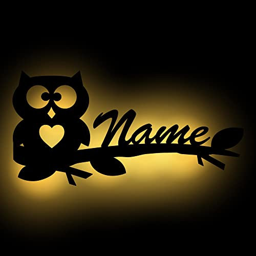Mädchen Junge Geschenke Ast Eule Hearty mit Name nach Wunsch, Led-Lampe für das Kinder-Zimmer Wohnzimmer Flur Schlafzimmer