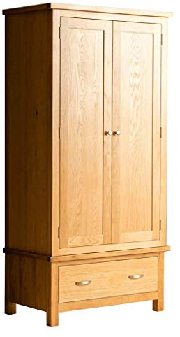 RoselandFurniture London Oak Double Wardrobe with Drawer for Bedroom | Wooden 2 Door Hanging Rail Storage Unit, Lacquered Finish, Contemporary Style, H183cm W90cm D52cm