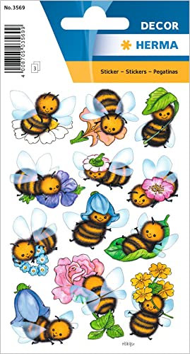 HERMA 3569 Aufkleber Bienen klein groß, 36 Stück, Tiere Sticker mit lustigen Bienen Blumen Motiv, Kinder Etiketten für Fotoalbum Tagebuch Poesiealbum Scrapbooking Geburtstag Deko Briefe DIY Basteln