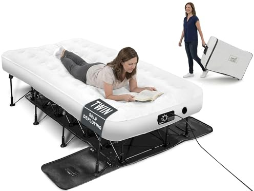 Ivation EZ®-Bed (Twin) Inflatable Air Mattress with Frame & Built-in Pump - 3 Min Self Inflate/Deflate - Raised Blow up Bed with Legs, Auto Shut Off, Premium Coil Design, Wheeled Portable Case
