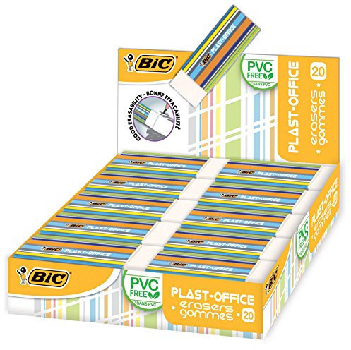 BIC Radierer PLAST-OFFICE, Kunststoff ohne PVC, mit Schutzhülle, Displaybox à 20 Stück