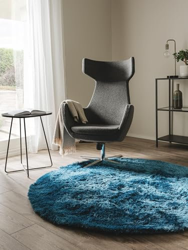 benuta Hochflorteppich Whisper Blau Rund ø 200 cm - Kuschelig Weicher Teppich für Schlaf- und Wohnzimmer - Pflegeleicht - Fußbodenheizung Geeignet