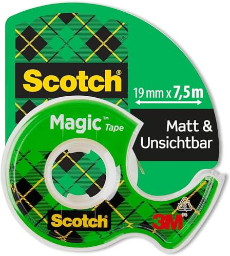 Scotch Nastro adesivo Magic - 1 Rotolo da 19 mm x 7,5 m, Dispenser portatile - Nastro Trasparente Opaco e Scrivibile Ottimo per Casa, Ufficio e Scuola