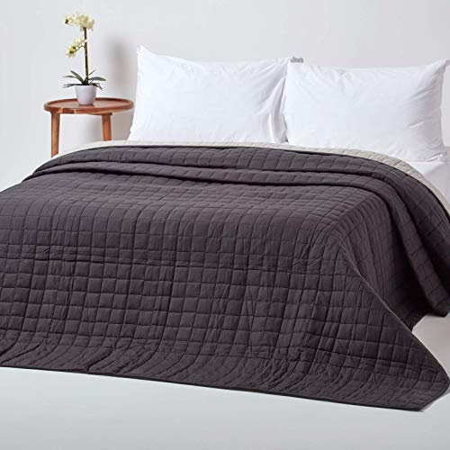 HOMESCAPES - 100% Cotton Reversible Twin Colour Quilted Bedspread Throw - Black & Grey - Single 150 x 200 cm - Washable Bedding Sofa Throw
