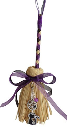 Black and Purple Mini Besom Broom with a Lucky Black Cat Charm