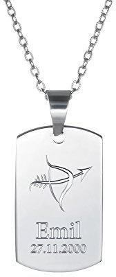 Mondgold Halskette aus Edelstahl mit Erkennungsmarke und Sternzeichen Gravur, Personalisiert mit Name und Datum, Unisex Schmuck, Länge 50 cm
