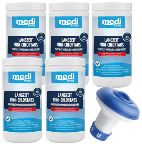 Medipool 503605MP Langzeit MiniChlorTabs 20g, 5KG, Chlor Langzeittabletten und Dosierschwimmer für 20gr. Tabletten