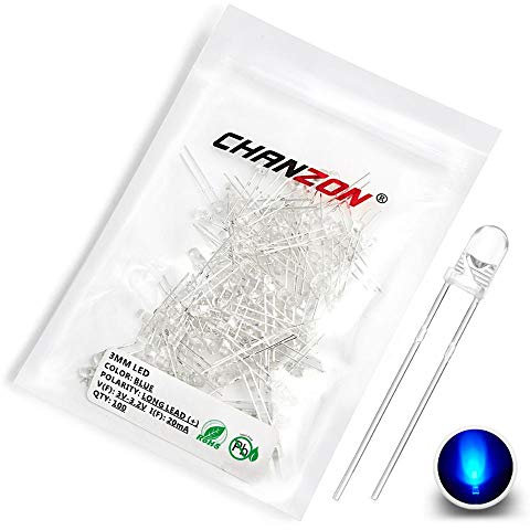 Chanzon 100 pcs 3mm Blue LED Diode Lights (Clear Round Transparent DC 3V 20mA) Bright Lighting Bulb Lamps Electronics Components Light Emitting Diodes