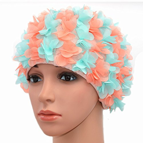 Medifier Bonnet de bain vintage en dentelle avec pétales de fleurs style rétro pour femme Rose (bleu clair et orange-rouge)
