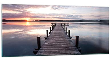 Deco Salon Passerelle Lac Coucher de soleil soir Moderne Impression sur Verre 120x50cm Image Tableau en Verre Decoration Murale Chambre Panoramique Art Grand Tableaux Decoratifs Muraux GAB120x50-2635