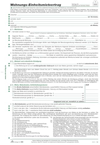 Wohnungs-Einheitsmietvertrag, 4 Seiten, gefalzt auf DIN A4 + Wohnungsgeberbescheinigung