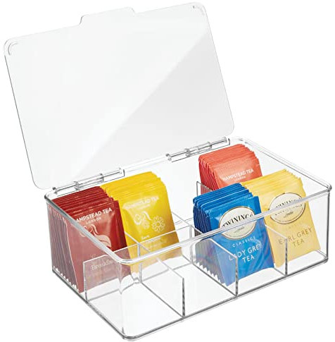 mDesign Teebox mit Deckel – stapelbare Teekiste mit acht Fächern für verschiedene Teesorten – übersichtliche und frische Teebeutel-Aufbewahrung aus Kunststoff – durchsichtig