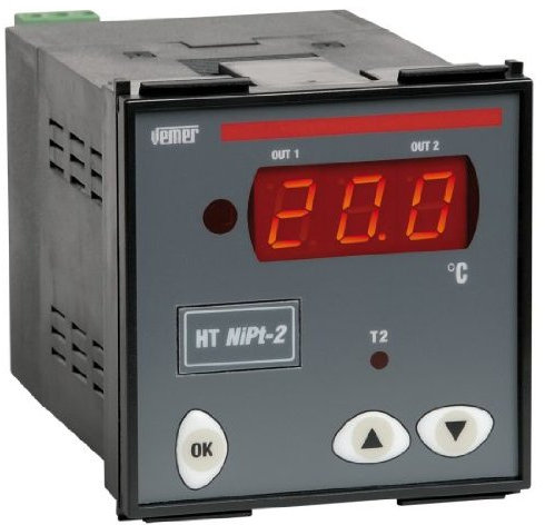 Termoregolatore digitale HT NiPt-2P7A con installazione da pannello 72x72 per la regolazione della temperatura sia in riscaldamento che raffreddamento in applicazioni quali forni, banchi frigo e temperatura ambiente VEMER VM626900 Alimentazione 24/230VAC Numero relè di uscita 2 Ingressi sonde 1 Sonde collegabili - Ni 100 - Pt 100