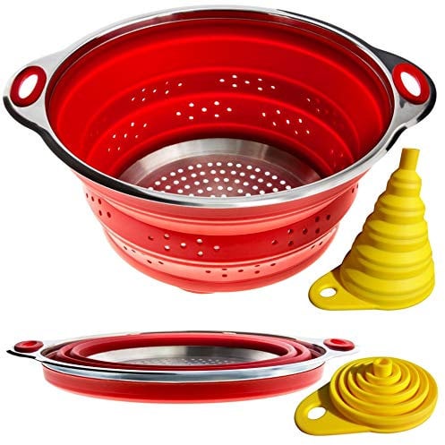 Collapsible Colander and Funnel - Stainless Steel Meets Red Silicone. RV Accessories for Inside, Camper Organization and Storage Idea, Motorhome, Camp or Travel Trailer, 5th Wheel, Boat, Small Kitchen