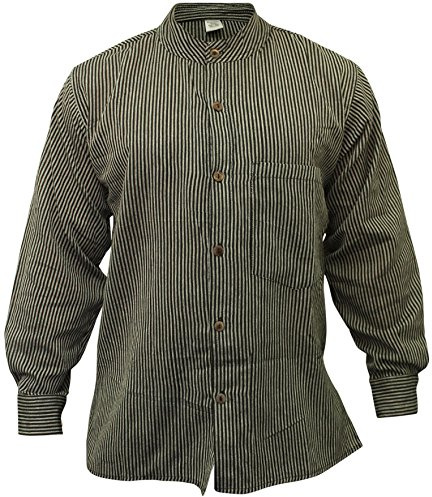 Shopolic Fashion randig farfar skjorta för män, handvävd bomull med långa ärmar och ståkrage, hippie-kläder, svart, XL