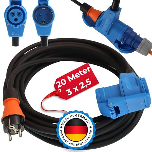 Camping Adapter 20m Mit CEE Winkelkupplung Und Integrierter Schuko Steckdose H07RN-F 3x2,5 Verlängerungskabel Strom Kabel Wohnmobil Wohnwagen Caravan Landstromanschluss