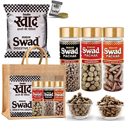 Swad Candy Pack (25 Digestive Tangy Toffee) & After Meal Mouthfresheners (Anardana, Jeera Goli, Khajoor Pachak) 100% Vegan & Gluten Free Indian Mukhwas Sweets, 4 pcs Jute Gift Set