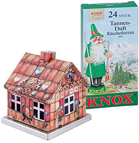 KNOX Räucherhaus aus Metall - Lebkuchenhaus mit 24 Räucherkerzen - Duft: Tannenduft - für Räucherkerzen der Größe M