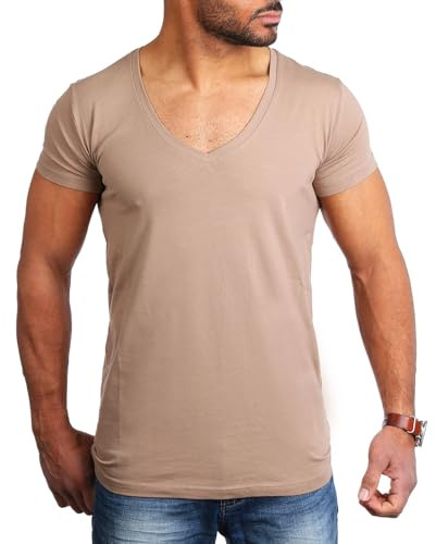 Young & Rich Herren Uni T-Shirt Basic mit extra tiefem V-Ausschnitt Slimfit deep V-Neck Stretch dehnbar 1315, Grösse:L, Farbe:Hellbraun