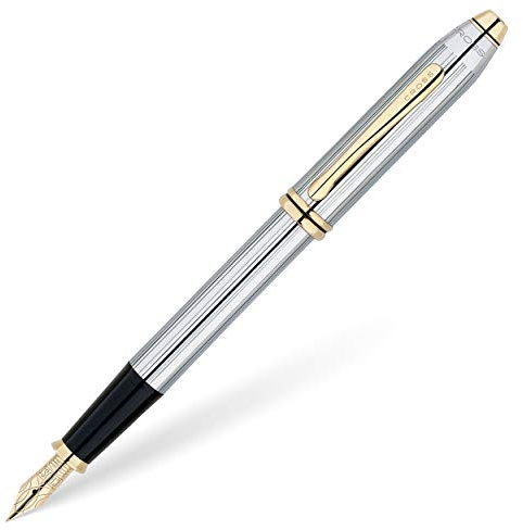 Cross Townsend Refillable Click-Off Cap Metal Fountain Pen with 23 Carat Gold-Plated Appointments, Medium Nib, includes Premium Gift Box and Black Cartridge, 1 Pack, Medalist