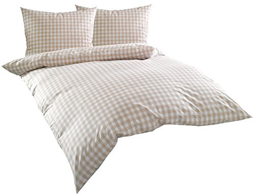 Mako Batist/Mako Perkal Landhaus Bettwäsche Karo Oslo kariert (240 cm x 220 cm + 2X 80 cm x 80 cm, Beige - Karo)