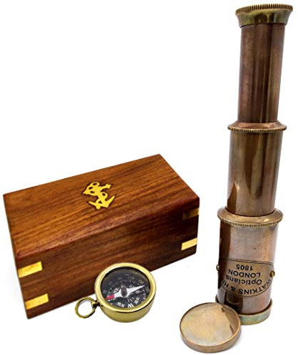 Nautisches Messing-Spyglass-Teleskop mit Holzbox, Piraten-Teleskop zusammenklappbar, Monokular dekoratives Teleskop mit Glasoptik für Geschenk (Antik-Finish)