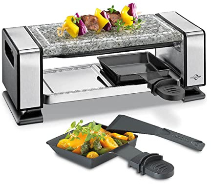 Küchenprofi 1760002800 Raclette VISTA2, Edelstahl, Silber | Kompakter Tischgrill für zwei Personen, 2 antihaftbeschichtete Pfännchen, 2 Schaber, Marmorgrillplatte, 350 Watt