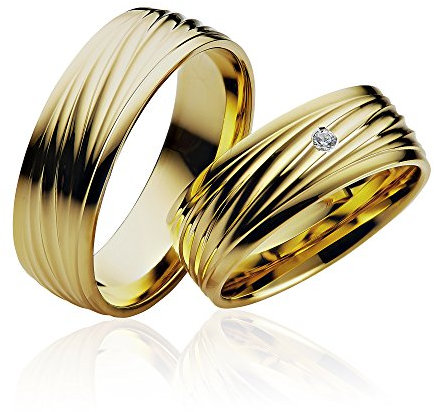2x JC Trauringe Gold Plattiert I Ehe-Ringe mit kostenloser Gravur I Verlobungsringe 6,5mm breit inkl. Etui-Box I Herren-Ring ohne & Damen-Ring mit Zirkonia-Stein I Gr. 48 bis 72 I P932