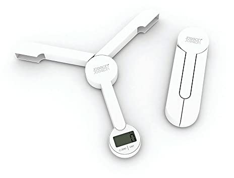 Joseph Joseph Tri Scale - Balance de cuisine numérique avec écran LCD, Fonction Tare et Conversion Liquide, Compacte, pliable, peu encombrante, batterie incluse, Blanc