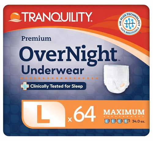 Tranquility Premium OverNight Disposable Absorbent Underwear (64 Count) - L, 44-54 in. Waist - Maximum Absorbency, All-Night Sleep, Breathable Comfort, 64 Adult Diapers