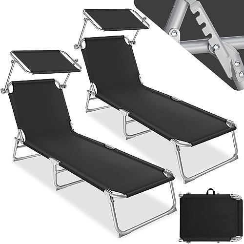 TecTake® Set de 2 Chaise Longue Pliante Bain de Soleil Jardin Exterieur avec Pare Soleil Chaise Longue inclinable Transat de Plage Relax Camping Salon de Jardin Exterieur - Noir