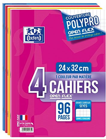 Oxford OpenFlex - Lot de 4 Cahiers Agrafés 24 x 32cm 96 Pages Grands Carreaux Seyès 90g Couverture Polypro Ouverture Facile