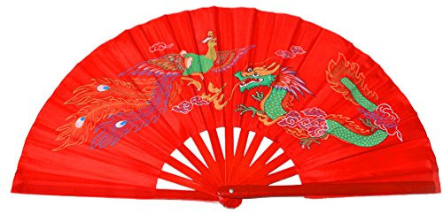 Medifier Chinese Kung Fu Tai Chi Fan Arts Dance/Practice Performance Bamboo Folding Fan Dragon And Phoenix red background
