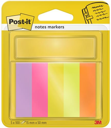 Post-it Page Marker, Verschiedene Farben, 5 Blöcke 15 mm x 50 mm, 100 Blatt pro Block - Markierungsstreifen für Dokumente und Notizen