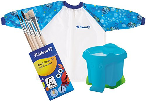 Pelikan Malschürze mit Klett-Verschluss und Tragebeutel für Kinder von ca. 6-9 Jahre/Kombi-Set (+ Elefanten-Becher & 5 Pinsel, Blau)