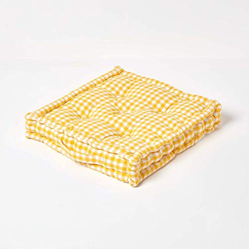 HOMESCAPES Yellow & White GINGHAM Check Floor Cushion - 100% Cotton - 50 x 50 x 10 cm Square - Indoor - Garden - Dining chair booster Seat Cushion Pad