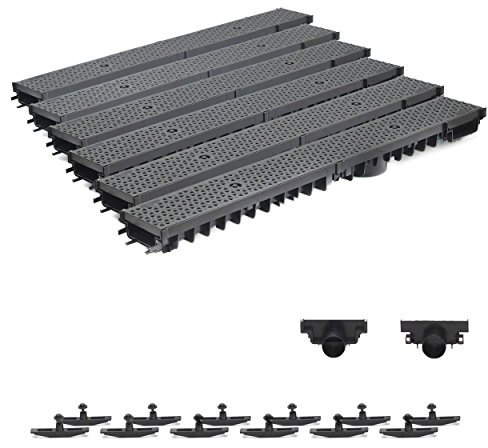 6m Entwässerungsrinne Terrassenrinne Stegrost Kunststoff komplett SET, System A15 70mm, Schwarz Decor, NEUHEIT Rinne mit integrierter Dichtung Klick System