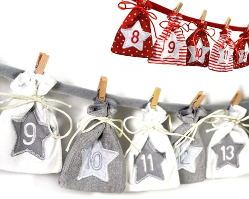 Frau WUNDERVoll® Adventskalender zum Befüllen - Stoff, grau weiß/Weihnachtskalender Zahlen Beutel Sack Säcke Säckchen Stoffbeutel Baumwolle Baumwollsäckchen Geschenkbeutel Stoffsack Stoffsäckchen