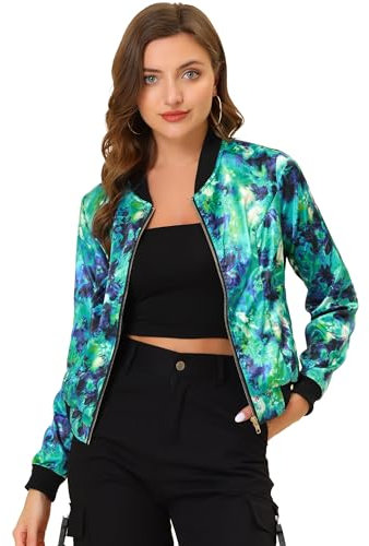 Allegra K Veste Bomber Femme Col Montant Zippé Imprimé Floral Costume d'Halloween Vert M