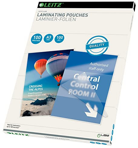 Leitz Heißlaminierfolien A3 100 mic, Hochwertige Laminierfolien im 100er Pack, mit abgerundeten Ecken, transparent, glänzend, ideal für Plakate und Zeichnungen, 16919